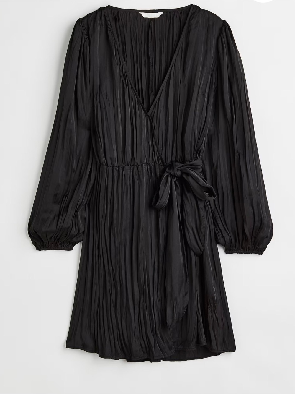 Balloon Sleeve Plisse Wrap Dress- Black - S